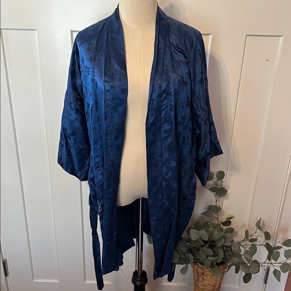 Vintage Esme Women's embroidered dragon embossed Chinese blue L pure silk robe - Picture 14 of 14